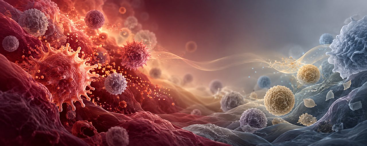 Abstract editorial illustration of an inflammatory field: warm, crowded and luminous on the left, cooling to pale blue-grey forms on the right.